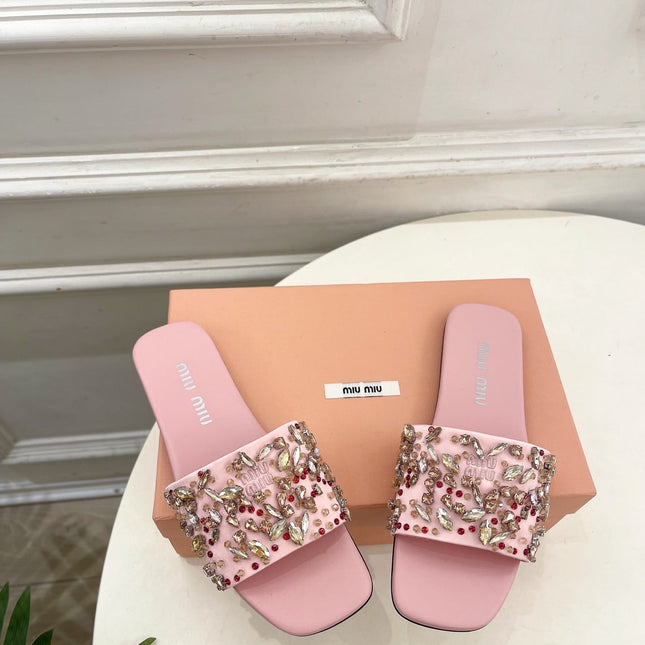 MIUMIU 26S SLIDES IN LIGHT PINK SATIN CRYSTAL EMBELLISHED