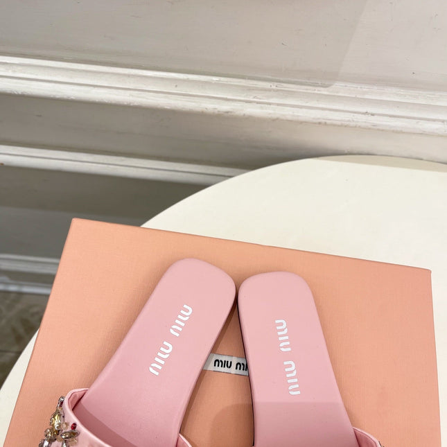 MIUMIU 26S SLIDES IN LIGHT PINK SATIN CRYSTAL EMBELLISHED