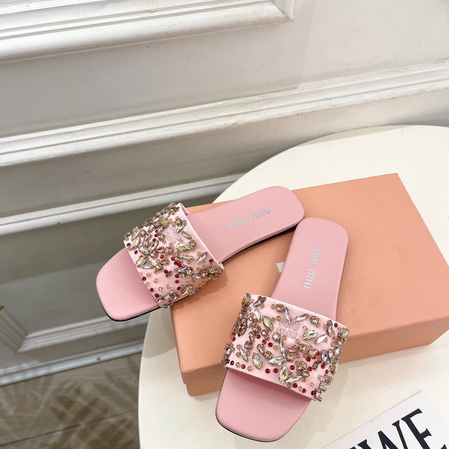 MIUMIU 26S SLIDES IN LIGHT PINK SATIN CRYSTAL EMBELLISHED