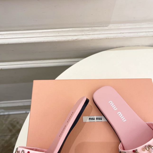 MIUMIU 26S SLIDES IN LIGHT PINK SATIN CRYSTAL EMBELLISHED