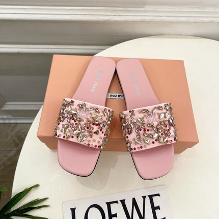 MIUMIU 26S SLIDES IN LIGHT PINK SATIN CRYSTAL EMBELLISHED