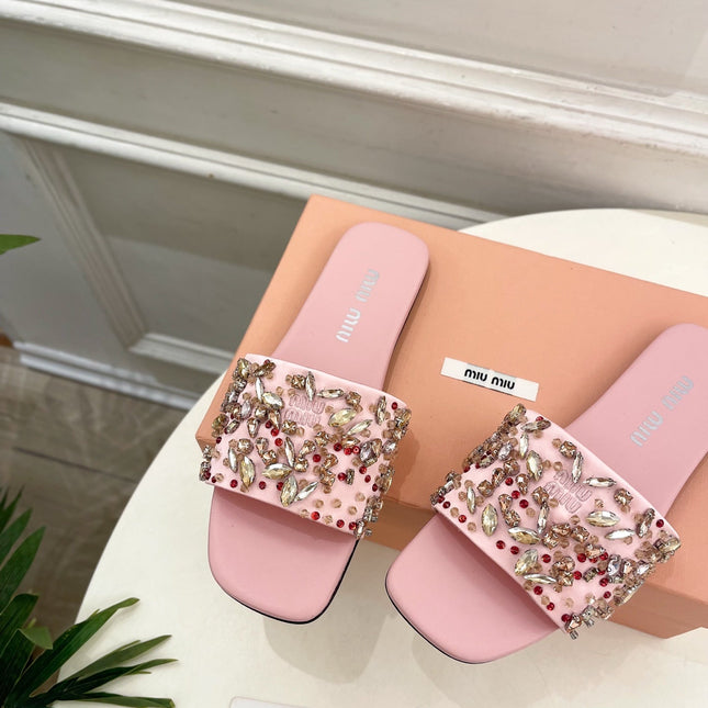 MIUMIU 26S SLIDES IN LIGHT PINK SATIN CRYSTAL EMBELLISHED