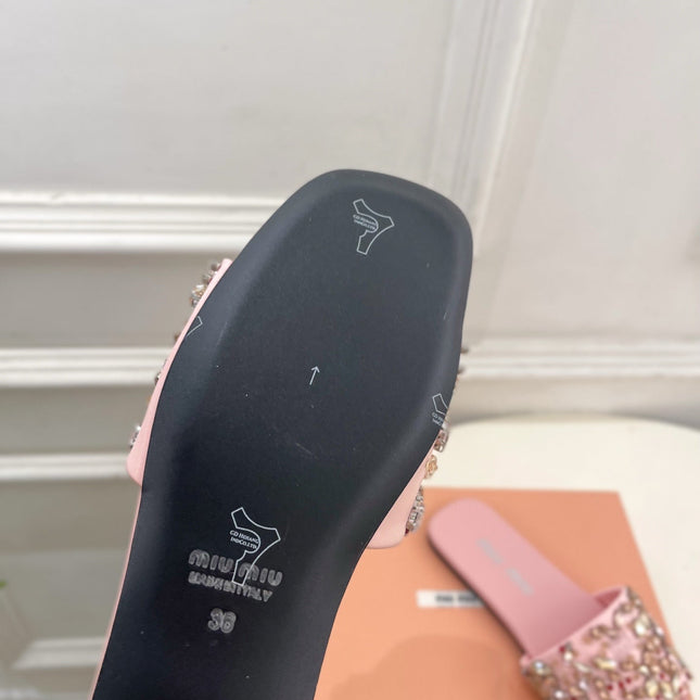 MIUMIU 26S SLIDES IN LIGHT PINK SATIN CRYSTAL EMBELLISHED