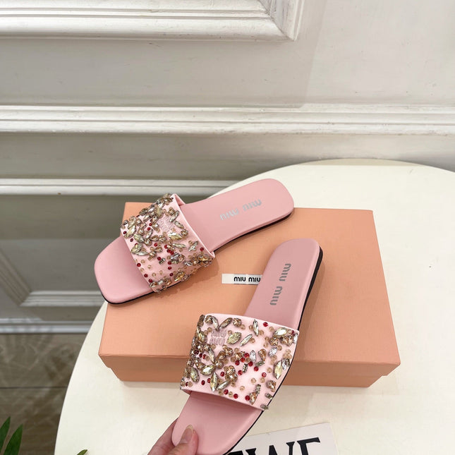 MIUMIU 26S SLIDES IN LIGHT PINK SATIN CRYSTAL EMBELLISHED