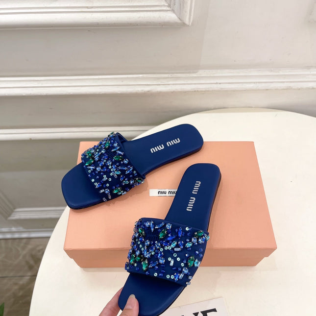 MIUMIU 26S SLIDES IN ROYAL BLUE SATIN CRYSTAL EMBELLISHED
