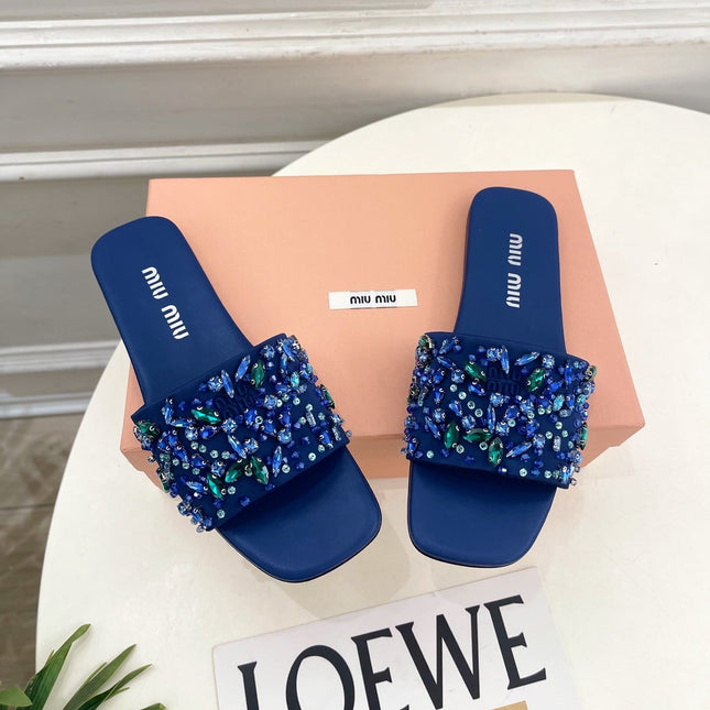 MIUMIU 26S SLIDES IN ROYAL BLUE SATIN CRYSTAL EMBELLISHED