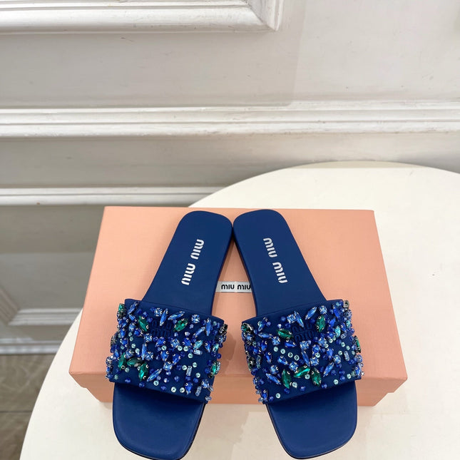 MIUMIU 26S SLIDES IN ROYAL BLUE SATIN CRYSTAL EMBELLISHED