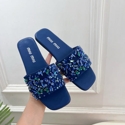 MIUMIU 26S SLIDES IN ROYAL BLUE SATIN CRYSTAL EMBELLISHED