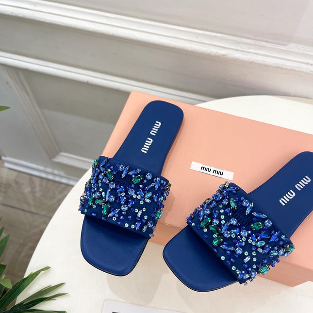 MIUMIU 26S SLIDES IN ROYAL BLUE SATIN CRYSTAL EMBELLISHED
