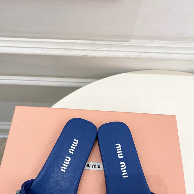 MIUMIU 26S SLIDES IN ROYAL BLUE SATIN CRYSTAL EMBELLISHED