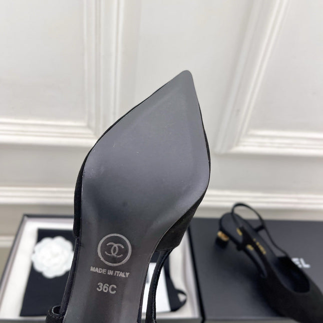 CHANEL 26S POINTED TOE HIGH HEELS 55 MM IN BLACK SUEDE