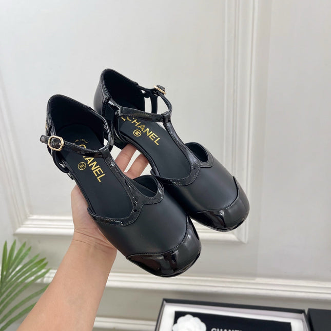 CHANEL 26S T STRAP MARY JANES IN BLACK PATENT AND LAMBSKIN