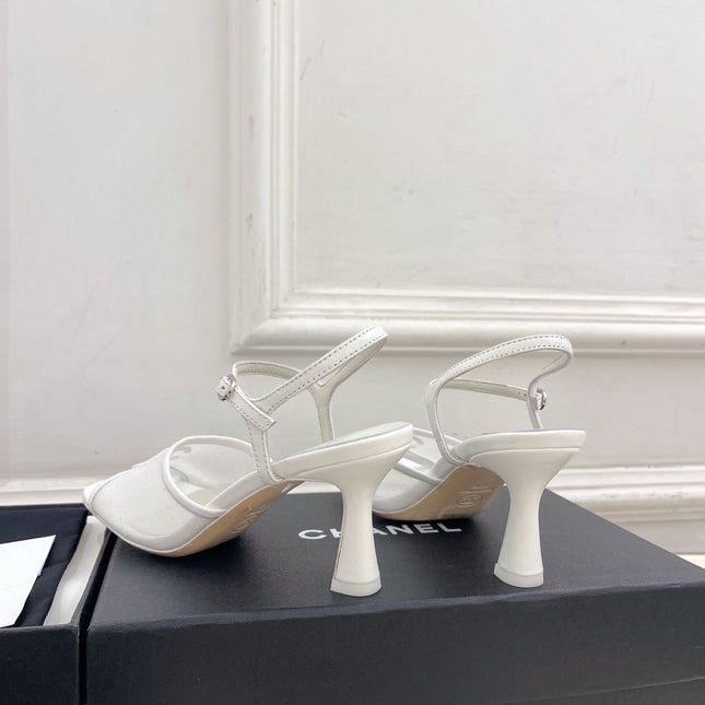 CHANEL 26S HIGH HEEL SLINGBACK SANDALS 70 MM IN WHITE MESH