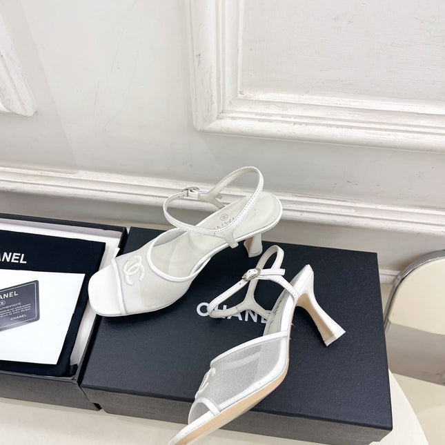 CHANEL 26S HIGH HEEL SLINGBACK SANDALS 70 MM IN WHITE MESH