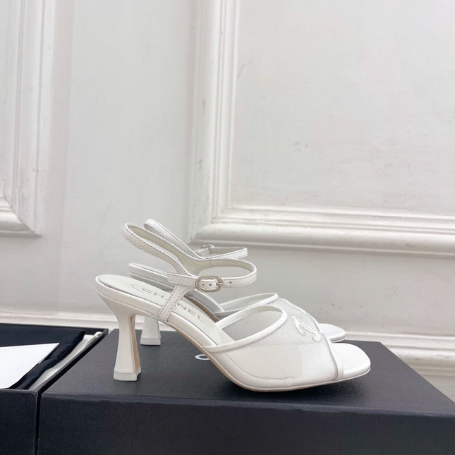 CHANEL 26S HIGH HEEL SLINGBACK SANDALS 70 MM IN WHITE MESH