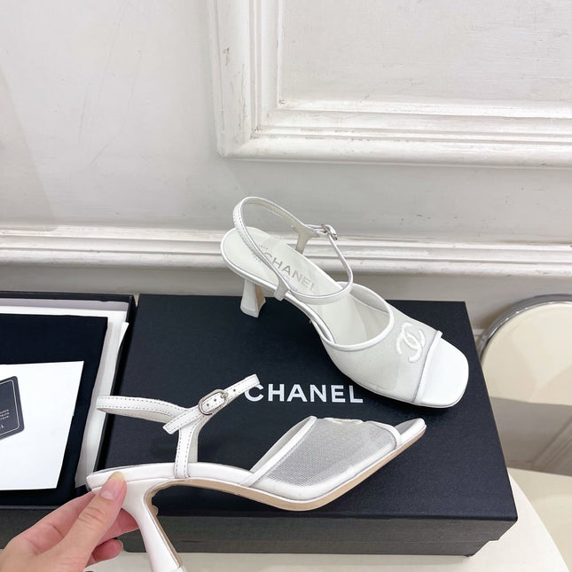 CHANEL 26S HIGH HEEL SLINGBACK SANDALS 70 MM IN WHITE MESH