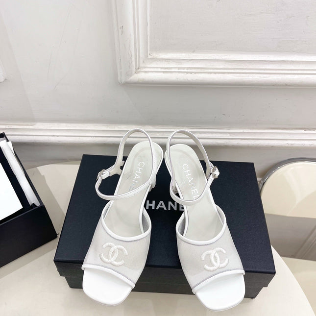 CHANEL 26S HIGH HEEL SLINGBACK SANDALS 70 MM IN WHITE MESH
