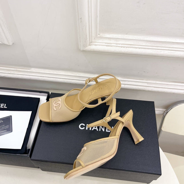 CHANEL 26S HIGH HEEL SLINGBACK SANDALS 70 MM IN BEIGE MESH
