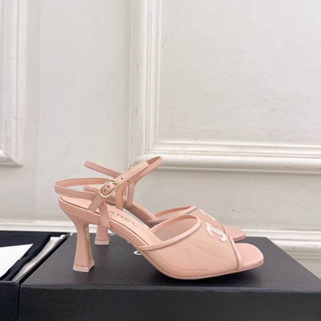 CHANEL 26S HIGH HEEL SLINGBACK SANDALS 70 MM IN LIGHT PINK MESH