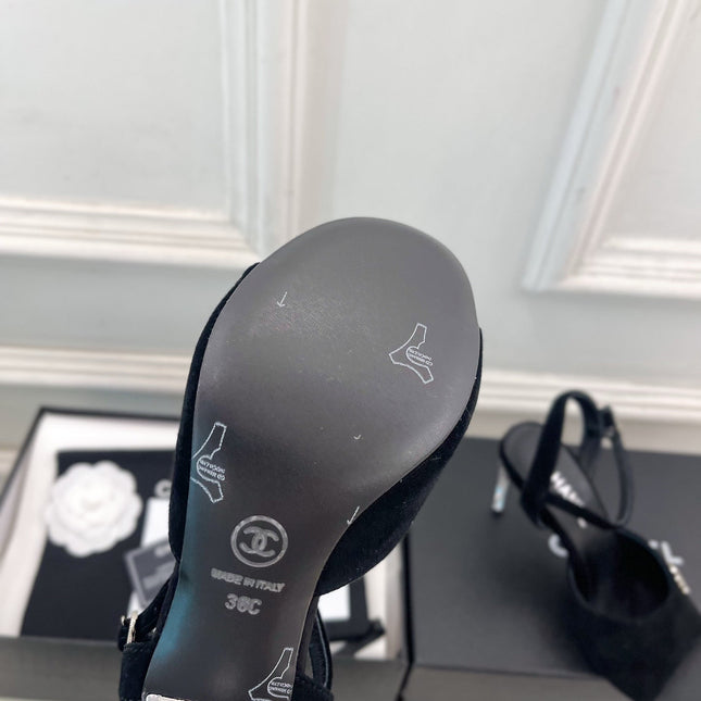 CHANEL 26S HIGH HEEL SLINGBACK SANDALS 90 MM IN BLACK SUEDE