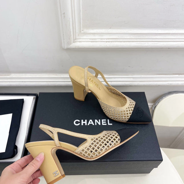 CHANEL 26S POINTED TOE HIGH HEEL SLINGBACK PUMPS 90 MM IN BEIGE MESH WITH BLACK TOE CAP
