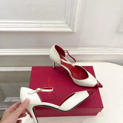 VALENTINO 26S ANKLE-STRA PUMPS 85 MM IN OFF-WHITE AND RED CALFSKIN