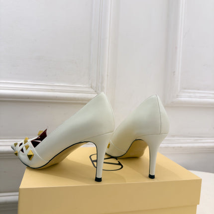 VALENTINO 26S STUDDED POINTED TOE PUMPS 80 MM IN CREAM WHITE CALFSKIN