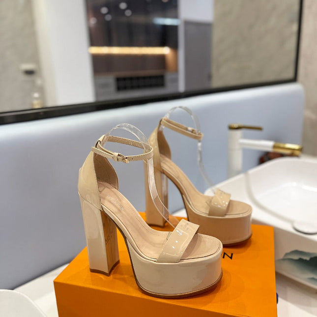LV 26S HIGH HEEL SANDALS 145 MM IN BEIGE CALFSKIN