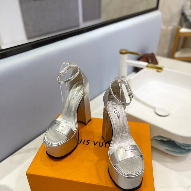 LV 26S HIGH HEEL SANDALS 145 MM IN SILVER CALFSKIN