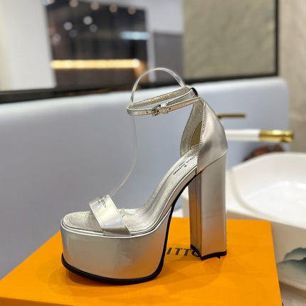 LV 26S HIGH HEEL SANDALS 145 MM IN SILVER CALFSKIN