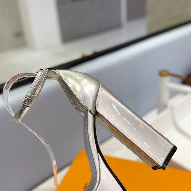 LV 26S HIGH HEEL SANDALS 145 MM IN SILVER CALFSKIN