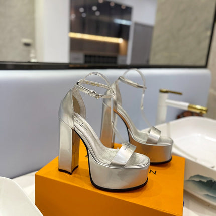 LV 26S HIGH HEEL SANDALS 145 MM IN SILVER CALFSKIN