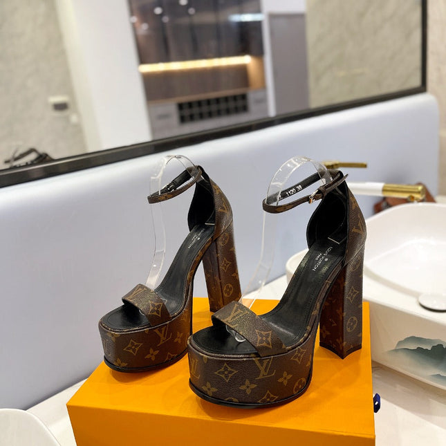 LV 26S HIGH HEEL SANDALS 145 MM IN DARK BROWN COATED CANVAS