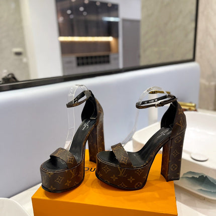 LV 26S HIGH HEEL SANDALS 145 MM IN DARK BROWN COATED CANVAS