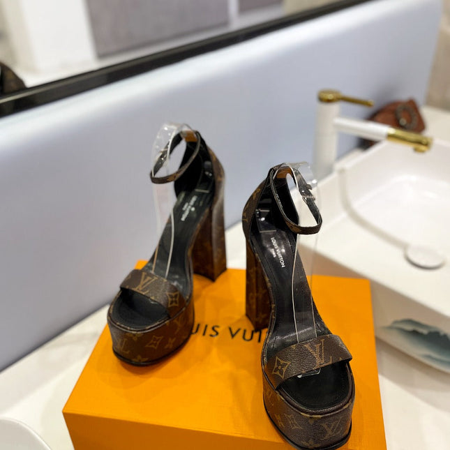 LV 26S HIGH HEEL SANDALS 145 MM IN DARK BROWN COATED CANVAS