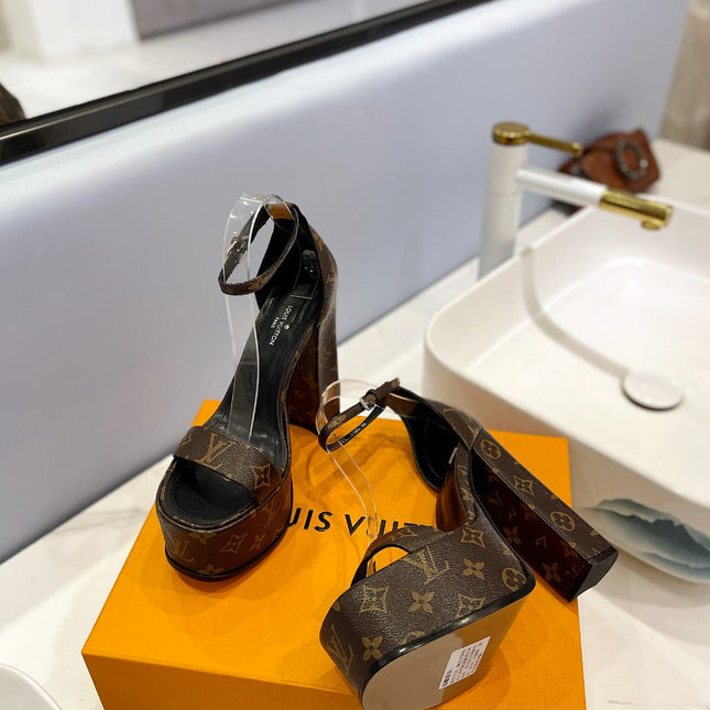 LV 26S HIGH HEEL SANDALS 145 MM IN DARK BROWN COATED CANVAS