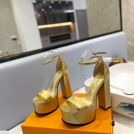 LV 26S HIGH HEEL SANDALS 145 MM IN GOLD CALFSKIN