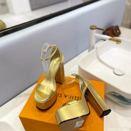 LV 26S HIGH HEEL SANDALS 145 MM IN GOLD CALFSKIN