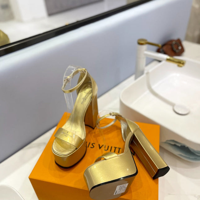 LV 26S HIGH HEEL SANDALS 145 MM IN GOLD CALFSKIN