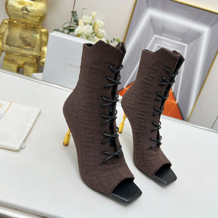 BALMAIN 26S LACE UP OPEN TOE BOOTS 95 MM IN DARK BROWN FLYKNIT
