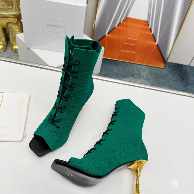 BALMAIN 26S LACE UP OPEN TOE BOOTS 95 MM IN GREEN FLYKNIT