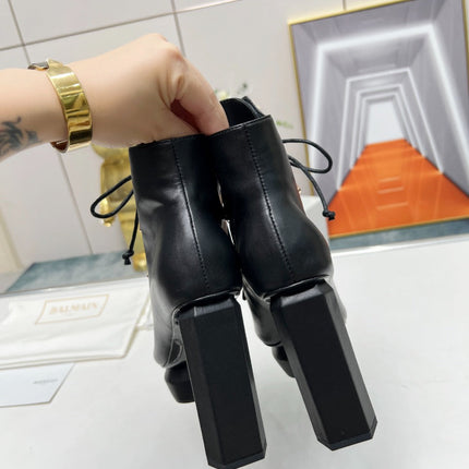 BALMAIN 26S OPEN-TOE BOOTS 115 MM IN BLACK CALFSKIN PEARL-EMBELLISHED