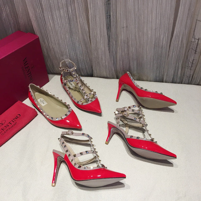 ROCKSTUD CAGED HIGH PUMP IN CHERRY RED MIX LIGHT PINK PATENT CALFSKIN 100 MM