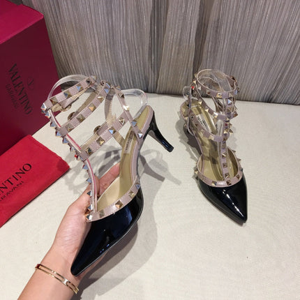 ROCKSTUD CAGED PUMP 65MM IN BLACK MIX LIGHT PINK PATENT CALFSKIN
