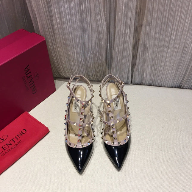 ROCKSTUD CAGED HIGH PUMP IN BLACK MIX LIGHT PINK PATENT CALFSKIN 100 MM