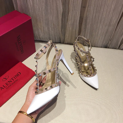 ROCKSTUD CAGED HIGH PUMP IN WHITE MIX LIGHT PINK PATENT CALFSKIN 100 MM