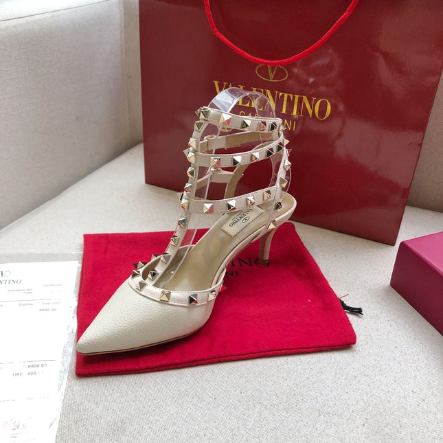 ROCKSTUD WHITE CREAM METALLIC CALFSKIN ANKLE STRAP HIGH SANDAL