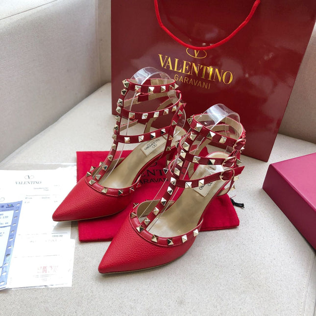 ROCKSTUD RUBY RED METALLIC CALFSKIN ANKLE STRAP HIGH SANDAL