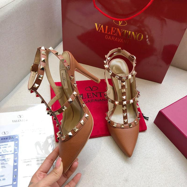 ROCKSTUD BRONZE BROWN METALLIC CALFSKIN ANKLE STRAP HIGH SANDAL