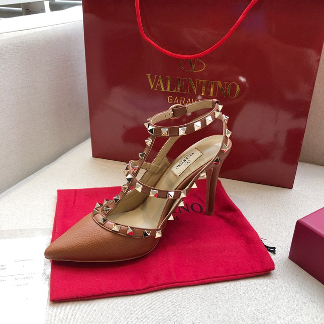 ROCKSTUD BRONZE BROWN METALLIC CALFSKIN ANKLE STRAP HIGH SANDAL